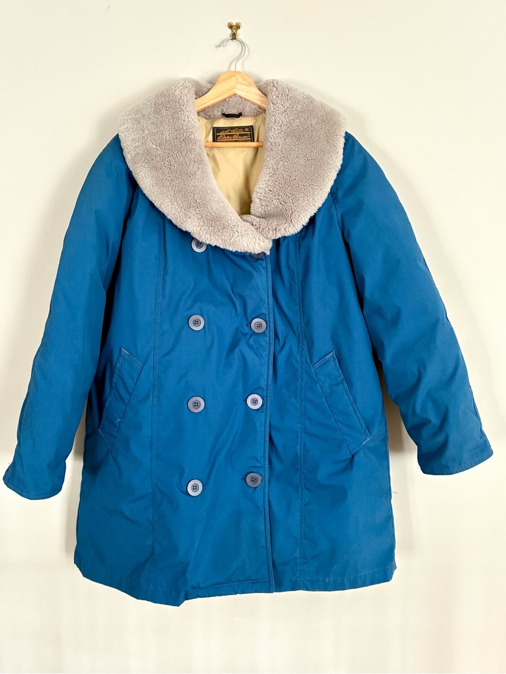 Vintage 90s Eddie Bauer Blue Double-Breasted Goose Down WARM Pea Coat